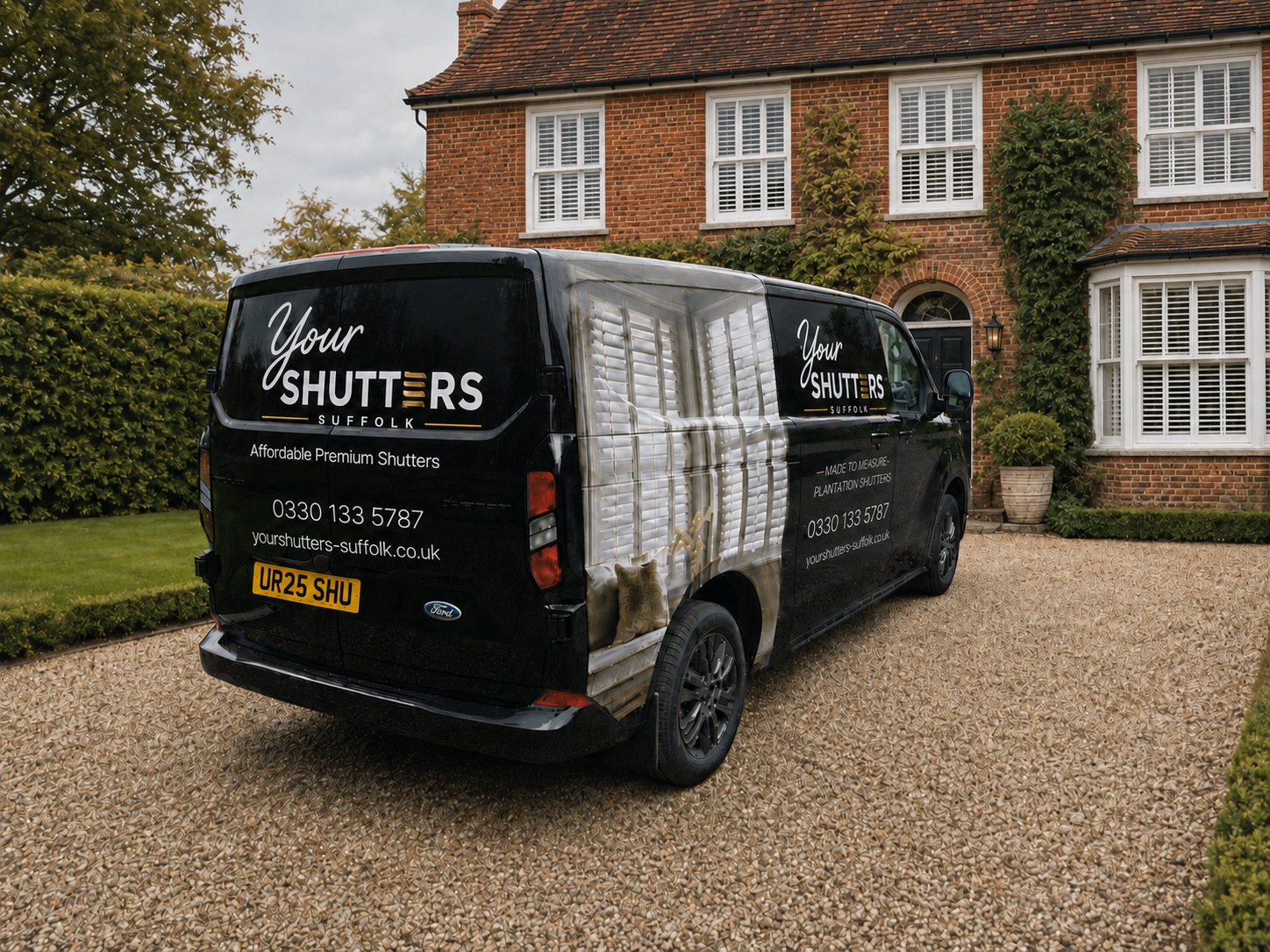 Your Shutters Norwich van outside a family home
